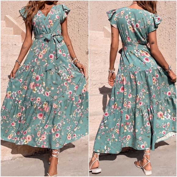 Boho Floral Print Butterfly Sleeve Maxi Dress - Picture 3 of 16